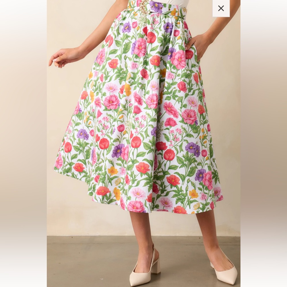 THENA SECRET GARDEN FLORAL COTTON BELTED MIDI SKIRT